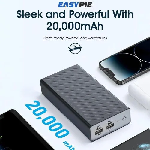 EASYPIE 20,000mAh Ultra Slim Power Bank with Fast Charging & Dual USB Portable Charger